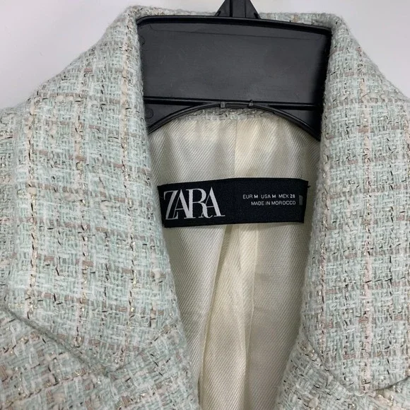 Zara Blazer Tweed Double Breasted Light Blue Blogger Fave Womens Size Medium - Picture 6 of 15